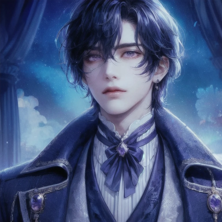male, defined jawline, bright radiant light purple eyes, lightpurple indigo detailed outfit duke, radiant blue indigo hair