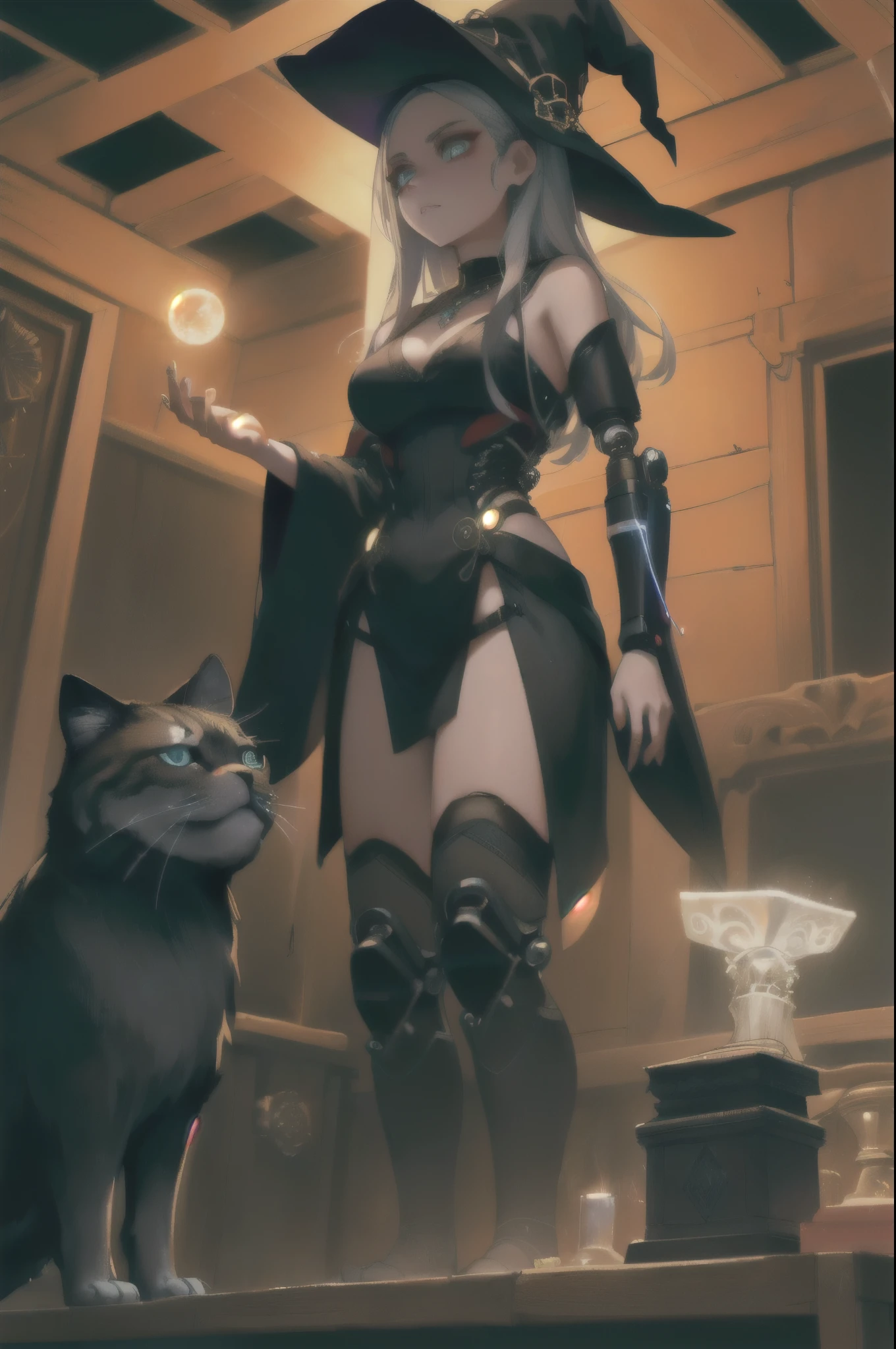 depicts a modern-day witch who has embraced the world of cybernetics to enhance her magical abilities. The artwork should convey the enchanting blend of traditional witchcraft and futuristic technology. Here are some specific elements to include: The Witch's Lair: The setting should be a cozy yet slightly eerie room, filled with magical books, crystal balls, potion ingredients, and antique furnishings. The room should be dimly lit by candles and a soft, mystical glow emanating from her cybernetic enhancements. The Cyborg Witch: The central focus of the artwork is the witch herself. She's a striking figure with a mix of traditional witch attire and cybernetic enhancements. Her clothing should have a witchy, occult aesthetic, with flowing robes, a pointed hat, and an intricate pentagram necklace. Her arms, however, have been upgraded with cybernetic components that incorporate magical symbols and glowing runes. Magical Interface: The witch is in the midst of casting a spell, with a holographic, touch-screen interface floating before her. This interface includes spell incantations, arcane symbols, and digital components, demonstrating her fusion of magic and technology. Spell Ingredients: On a nearby table, there should be a collection of spell ingredients, like herbs, potions, and magical artifacts. Some of these items may have been modified with cybernetic enhancements, blurring the line between the natural and the technological. Familiar: The witch's familiar, perhaps a cat or raven, should be present in the scene, serving as her magical companion. The familiar could also have subtle cybernetic enhancements or glowing eyes. Glowing Runes: The room should be adorned with ancient symbols and glowing runes on the walls and floor, contributing to the magical atmosphere. Aetherial Lighting: Use a combination of mystical, ethereal lighting and cybernetic glows to create a captivating interplay of light and shadow. The contrast between the tradit