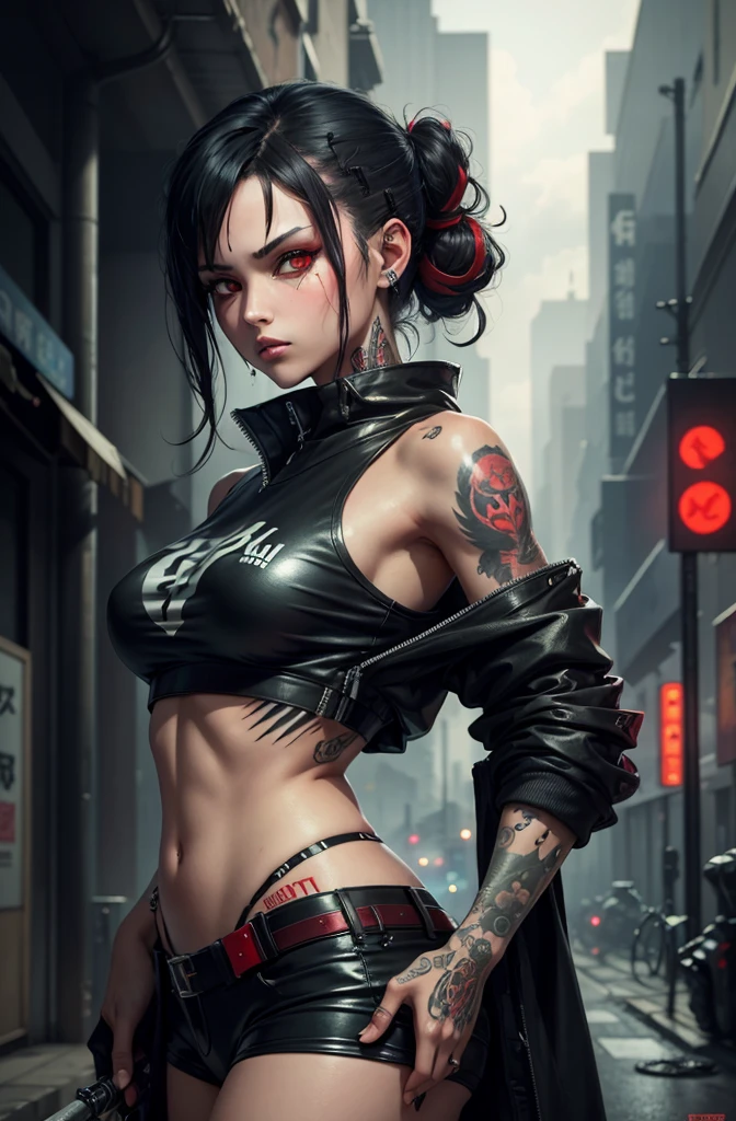 Artwork, une fille, gangster, Yakuza, tatouage sur tout le corps, regard agressif, Red eyes, black hair tied, two sabers in the back, cyberpunk dark fantasy