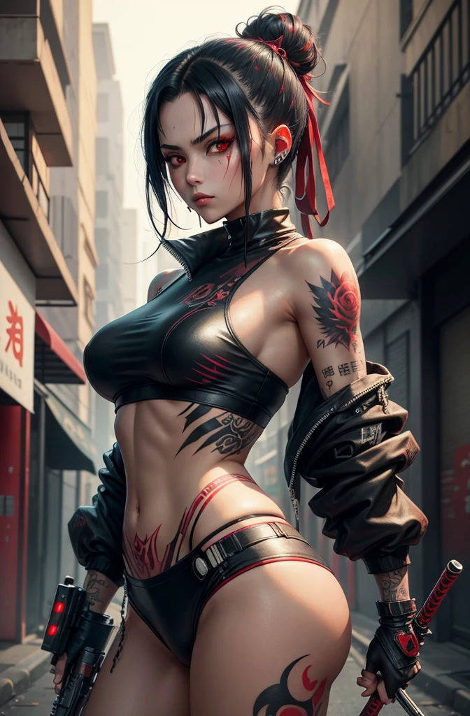 Artwork, une fille, gangster, Yakuza, tatouage sur tout le corps, regard agressif, Red eyes, black hair tied, two sabers in the back, cyberpunk dark fantasy