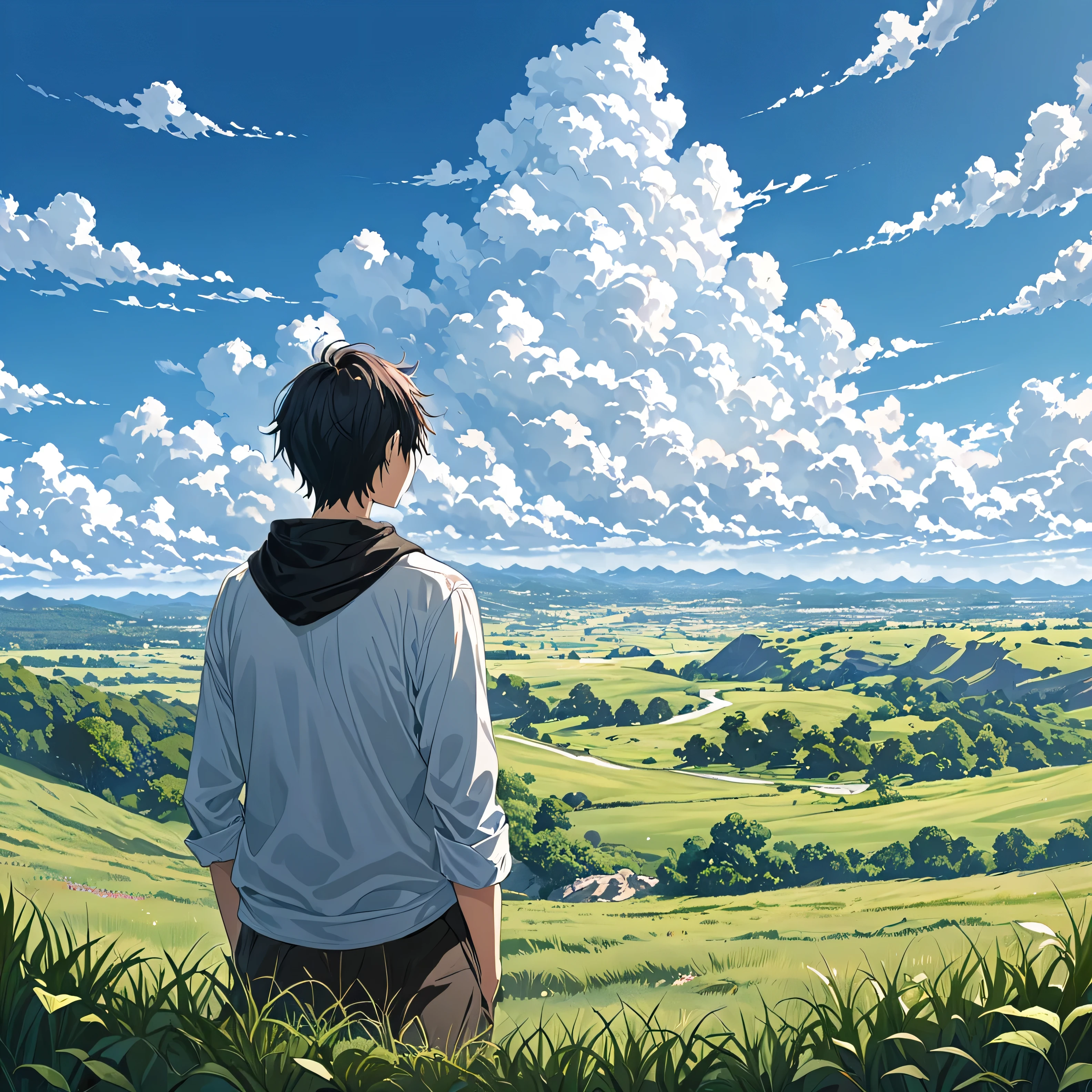 anime, anime landscape, beautiful hair, boyfridend girlfrien sweet, looking at clouds, in a grassland, creative, realist, white clouds, blue sky, landscape amazing, guy looking away from camera, wide photo