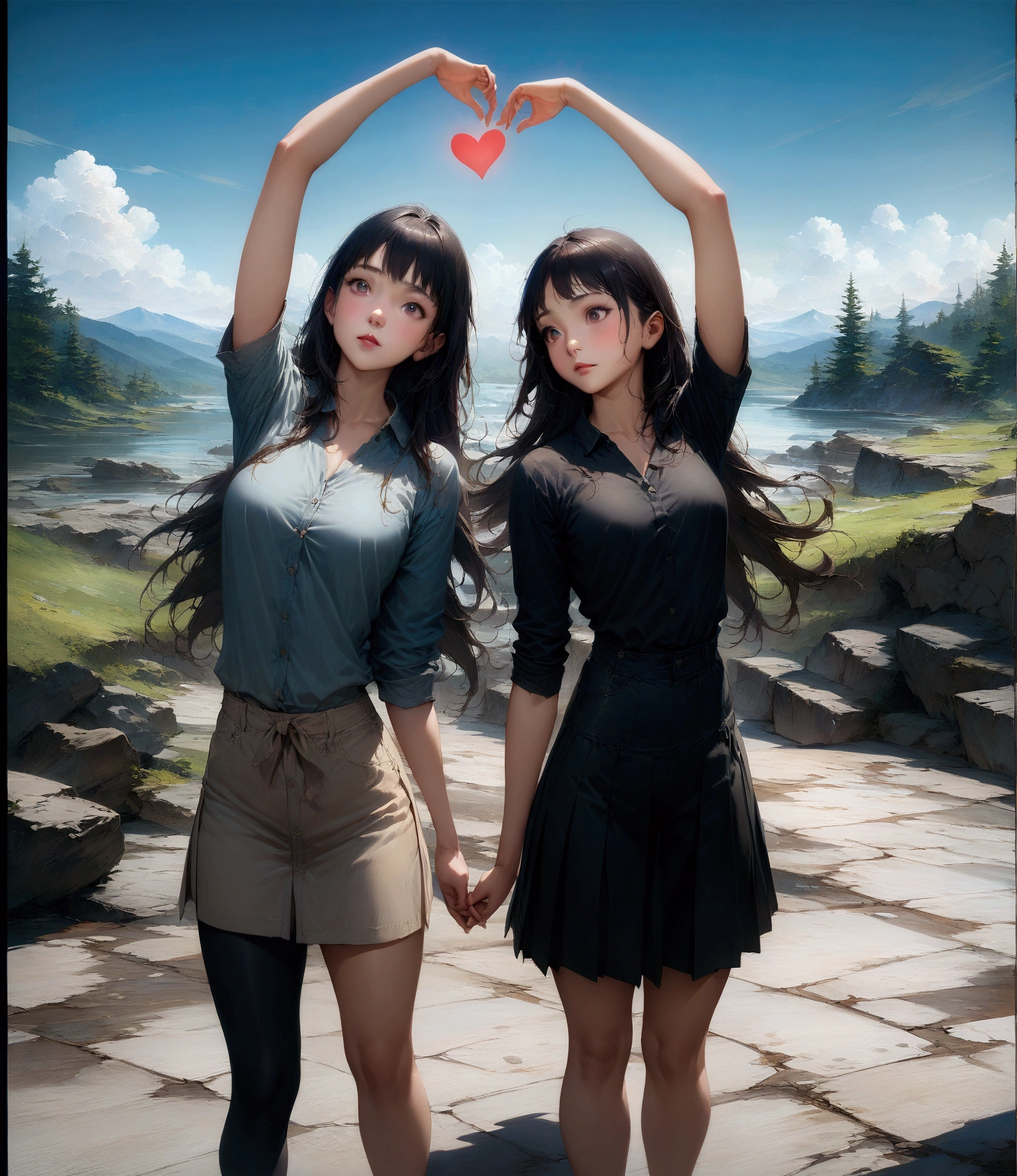 realistic anime illustration of pretty young women are making heart, arms raising, (2girls, solo, full body), (masterpiece, best quality, Japanese anime style)