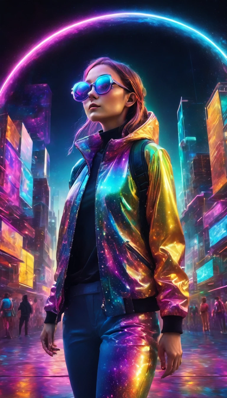 An effervescent metaverse explorer emerges from a shimmering portal, surrounded by swirling colors and digital landscapes. The main theme is a young girl wearing futuristic clothing, techno glasses, exuding a sense of wonder and determination. This image is a stunning work of digital art, capturing the essence of technological beauty and adventure. Her vibrant hair falls in rainbow hues, reflecting light from neon signs and holographic displays. High-definition resolution shows every detail, from the intricate patterns on your suit to the reflection of distant galaxies in your eyes. The overall composition exudes a sense of exploration and discovery, inviting viewers to join her on an exciting journey through the digital world.