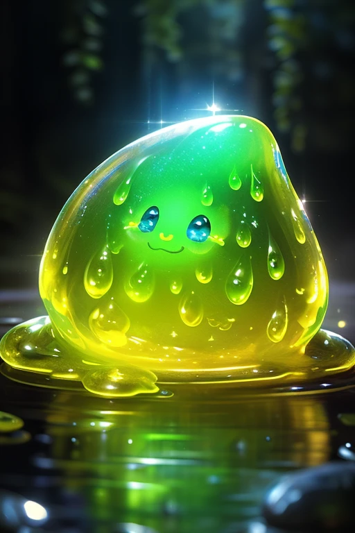 (Highest quality、masterpiece、8k))、Very detailed、High resolution、((Beautiful and shining eyes))、((Lots of different colored slimes))、Japanese kitten slime、Round kitten slime、Five very cute kitten slimes、1 blue slime、1 red slime、1 yellow slime、1 green slime、One black slime、cat ears are cute