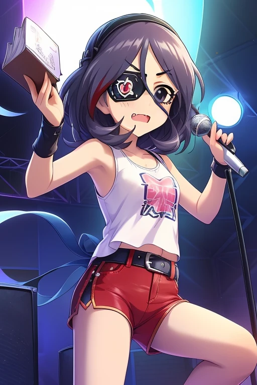 Hayasaka Mirei,purple hair,multicolored hair,fang,brown eyes,short hair,eyepatch,Tank top,red shorts,Denim shorts,shorts rolled,belt