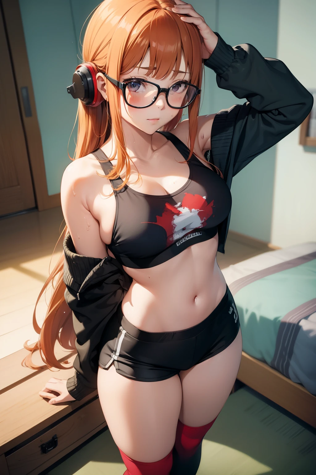 Futaba ,1girl , anime , masterpiece  , long hair  , sweat , sexy , sport bra , huge  breasts , sexy,  dolphin shorts  , long socks , shy , blush , sexy body  , bedroom . Standing ,  