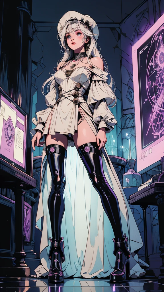 depicts a modern-day witch who has embraced the world of cybernetics to enhance her magical abilities. The artwork should convey the enchanting blend of traditional witchcraft and futuristic technology. Here are some specific elements to include: The Witch's Lair: The setting should be a cozy yet slightly eerie room, filled with magical books, crystal balls, potion ingredients, and antique furnishings. The room should be dimly lit by candles and a soft, mystical glow emanating from her cybernetic enhancements. The Cyborg Witch: The central focus of the artwork is the witch herself. She's a striking figure with a mix of traditional witch attire and cybernetic enhancements. Her clothing should have a witchy, occult aesthetic, with flowing robes, a pointed hat, and an intricate pentagram necklace. Her arms, however, have been upgraded with cybernetic components that incorporate magical symbols and glowing runes. Magical Interface: The witch is in the midst of casting a spell, with a holographic, touch-screen interface floating before her. This interface includes spell incantations, arcane symbols, and digital components, demonstrating her fusion of magic and technology. Spell Ingredients: On a nearby table, there should be a collection of spell ingredients, like herbs, potions, and magical artifacts. Some of these items may have been modified with cybernetic enhancements, blurring the line between the natural and the technological. Familiar: The witch's familiar, perhaps a cat or raven, should be present in the scene, serving as her magical companion. The familiar could also have subtle cybernetic enhancements or glowing eyes. Glowing Runes: The room should be adorned with ancient symbols and glowing runes on the walls and floor, contributing to the magical atmosphere. Aetherial Lighting: Use a combination of mystical, ethereal lighting and cybernetic glows to create a captivating interplay of light and shadow. The contrast between the tradit
