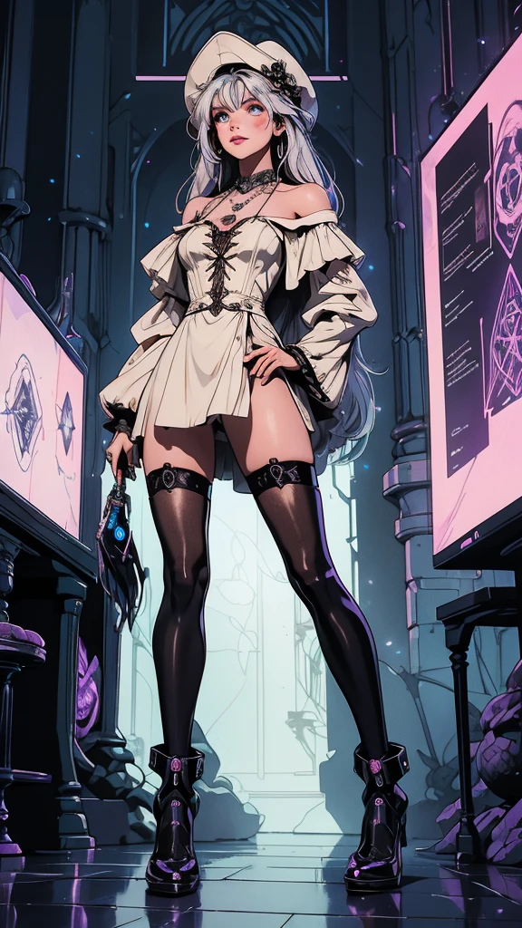 depicts a modern-day witch who has embraced the world of cybernetics to enhance her magical abilities. The artwork should convey the enchanting blend of traditional witchcraft and futuristic technology. Here are some specific elements to include: The Witch's Lair: The setting should be a cozy yet slightly eerie room, filled with magical books, crystal balls, potion ingredients, and antique furnishings. The room should be dimly lit by candles and a soft, mystical glow emanating from her cybernetic enhancements. The Cyborg Witch: The central focus of the artwork is the witch herself. She's a striking figure with a mix of traditional witch attire and cybernetic enhancements. Her clothing should have a witchy, occult aesthetic, with flowing robes, a pointed hat, and an intricate pentagram necklace. Her arms, however, have been upgraded with cybernetic components that incorporate magical symbols and glowing runes. Magical Interface: The witch is in the midst of casting a spell, with a holographic, touch-screen interface floating before her. This interface includes spell incantations, arcane symbols, and digital components, demonstrating her fusion of magic and technology. Spell Ingredients: On a nearby table, there should be a collection of spell ingredients, like herbs, potions, and magical artifacts. Some of these items may have been modified with cybernetic enhancements, blurring the line between the natural and the technological. Familiar: The witch's familiar, perhaps a cat or raven, should be present in the scene, serving as her magical companion. The familiar could also have subtle cybernetic enhancements or glowing eyes. Glowing Runes: The room should be adorned with ancient symbols and glowing runes on the walls and floor, contributing to the magical atmosphere. Aetherial Lighting: Use a combination of mystical, ethereal lighting and cybernetic glows to create a captivating interplay of light and shadow. The contrast between the tradit