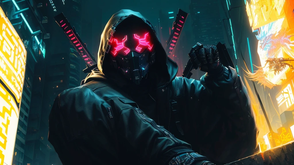 There is a man in a mask and hood holding two swords, cyberpunk art style, cyberpunk street thugs, Cyberpunk Assassin, cyberpunk digital painting, Cyberpunk atmospheres, dark cyberpunk illustration, Cyberpunk style, black cyberpunk, Internet hacker, Cyberpunk themed art, Cyberpunk atmosphere, cyberpunk art, Cyberpunk horror style, cyberpunk hacker, Cyberpunk digital art, Cyberpunk Dark Fantasy Art, Cyberpunk Samurai