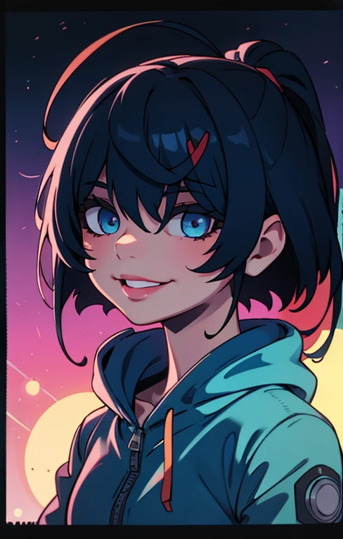 ((best quality)), ((masterpiece)), (detailed), perfect face, detailed background, masterpiece, best quality, smile, ornament, hoodie, portrait, blue neon, graffiti, dark, night, glowing eyes, blacklight
