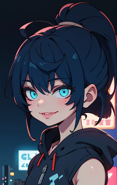 ((best quality)), ((masterpiece)), (detailed), perfect face, detailed background, masterpiece, best quality, smile, ornament, hoodie, portrait, blue neon, graffiti, dark, night, glowing eyes, blacklight
