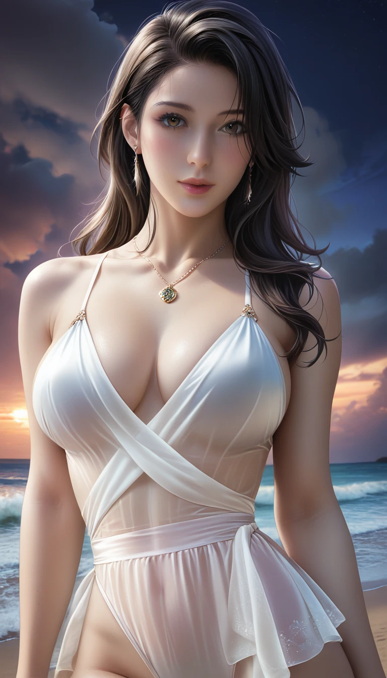 score_9, score_8_superior, score_7_superior, Masterpieces with up to 16K resolution,Highest quality,it is really amazing,Very detailed,Ultra-high resolution,(Ultra-realistic:1.1),(Realistic:1.1),Increased depth of field,Cinematic lighting,
Elegant Japanese MILF,
Long black hair,Ultra-detailed and beautiful face,Translucent white skin,Realistic skin texture,
(Elegant swimwear:1.1),
Bold design,Artistic design,Beautiful and detailed pattern,Detailed fabric texture,
Gorgeous necklace,Earrings,
(Deserted beach at night:1.4),(Dark night sky with dark clouds:1.4),
(Dramatic Angle:1.1),