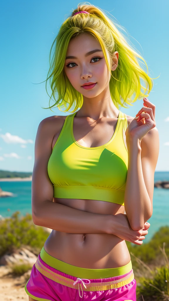 highest quallity、8k、work of art、ultra-high resolution、Clear photos、professional lighting、naturallight、realisitic,、highly detailed skin、Perfect Anatomia、((beautiful hands))、((nice fingers))、a one woman、age 25、baby face:1.6、breasts big、(big areola)、glamour、bob hair、chestnut hair、cute hair、ssmile、((Yellow-green sports bra))、neckleace、(( female boxer shorts hot pink:1.2))、blue sky、Plateau scenery、walking along the trail