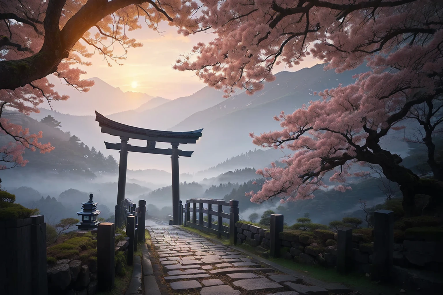 Arafad view with gate and path leading to the mountain, Mount Japan中的鸟居, Torii gate with trees on the mountain, Japanese Landscape, The Flowery Road to Heaven, Japanese Nature, Japanese travel aesthetics, lush Japanese Landscape, Inspired by Torii Kiymoto, Japanese temples, Mount Japan, Japanese Shrines, Centered Torii，((low angle shot 1.7))