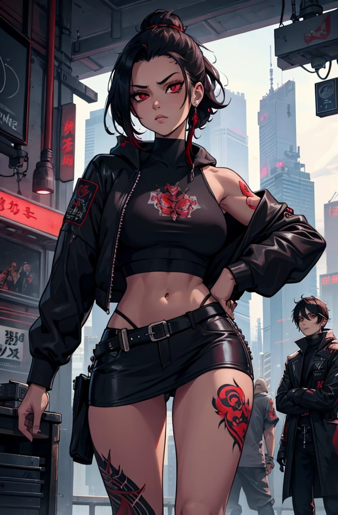 une fille, regard agressif, Red eyes, black hair tied, saber in the back, tattoo, gangster, Yakuza, Aesthetic, cyberpunk, seductive cyberpunk dark fantasy,