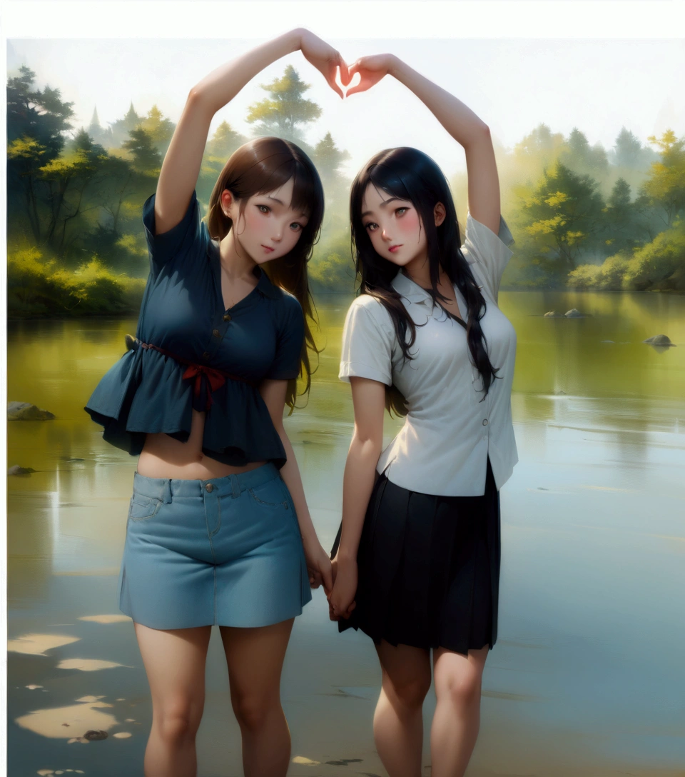 realistic anime illustration of pretty young women are making heart, arms raising, (2girls, solo, full body), (masterpiece, best quality, Japanese anime style)