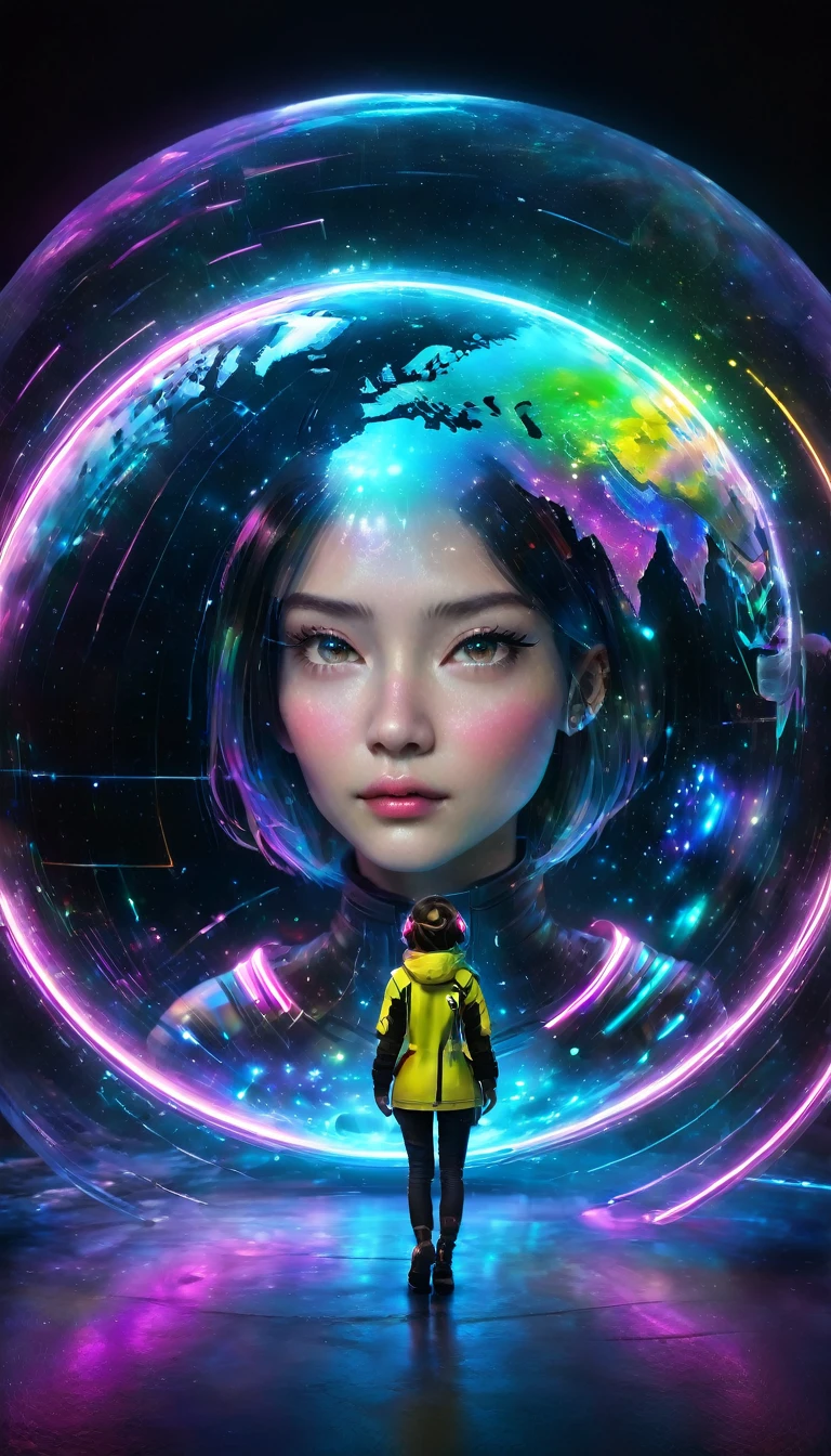 An effervescent metaverse explorer emerges from a shimmering portal, surrounded by swirling colors and digital landscapes. The main theme is a young girl wearing futuristic clothing, techno glasses, exuding a sense of wonder and determination. This image is a stunning work of digital art, capturing the essence of technological beauty and adventure. Her vibrant hair falls in rainbow hues, reflecting light from neon signs and holographic displays. High-definition resolution shows every detail, from the intricate patterns on your suit to the reflection of distant galaxies in your eyes. The overall composition exudes a sense of exploration and discovery, inviting viewers to join her on an exciting journey through the digital world.