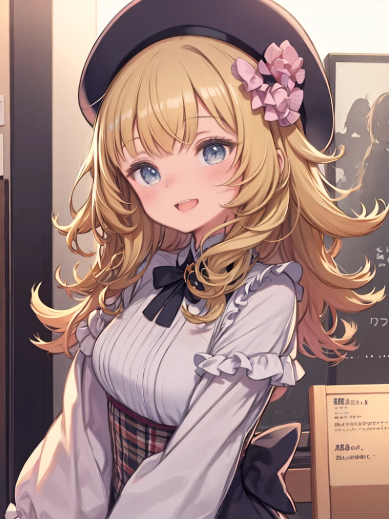 One Girl、Blonde Hair、Curly Hair、Fluffy curly hair、beret、laughing、Lady、Upper Body、Shirt with ruffles、Watching the audience、Stylish cafe、In town、