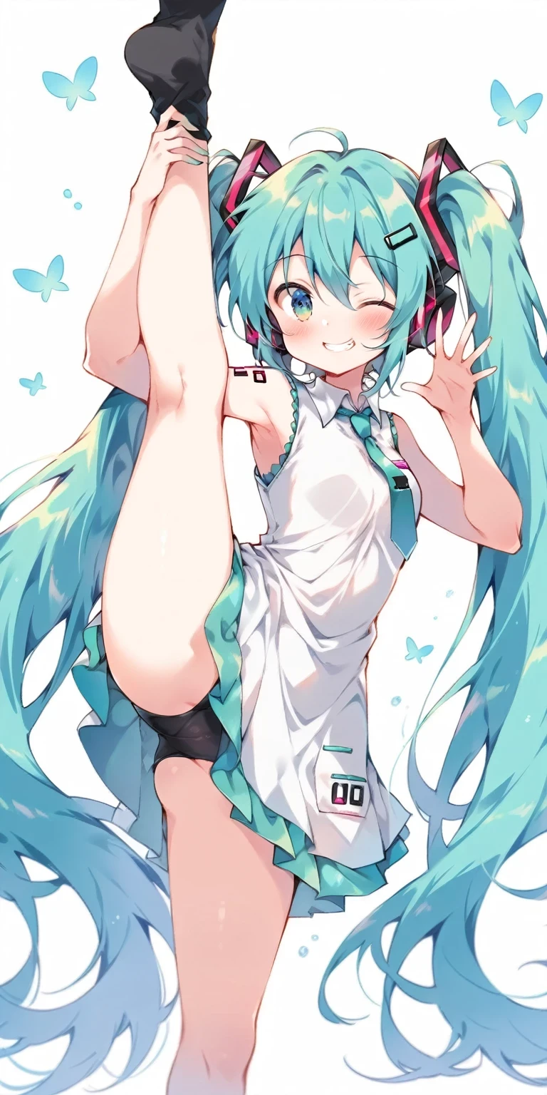 hatsune miku,View your viewers,blush,Standing Split, Standing on one leg,smile, Mouth closed, Full body image