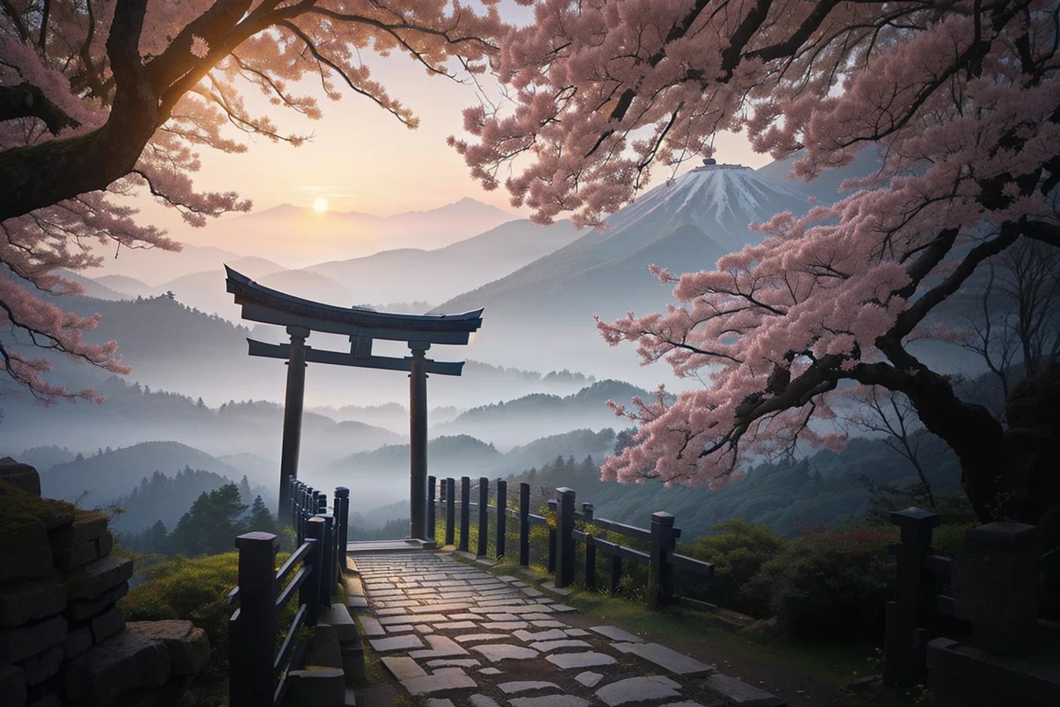 Arafad view with gate and path leading to the mountain, Mount Japan中的鸟居, Torii gate with trees on the mountain, Japanese Landscape, The Flowery Road to Heaven, Japanese Nature, Japanese travel aesthetics, lush Japanese Landscape, Inspired by Torii Kiymoto, Japanese temples, Mount Japan, Japanese Shrines, Centered Torii,((low angle shot 1.7))