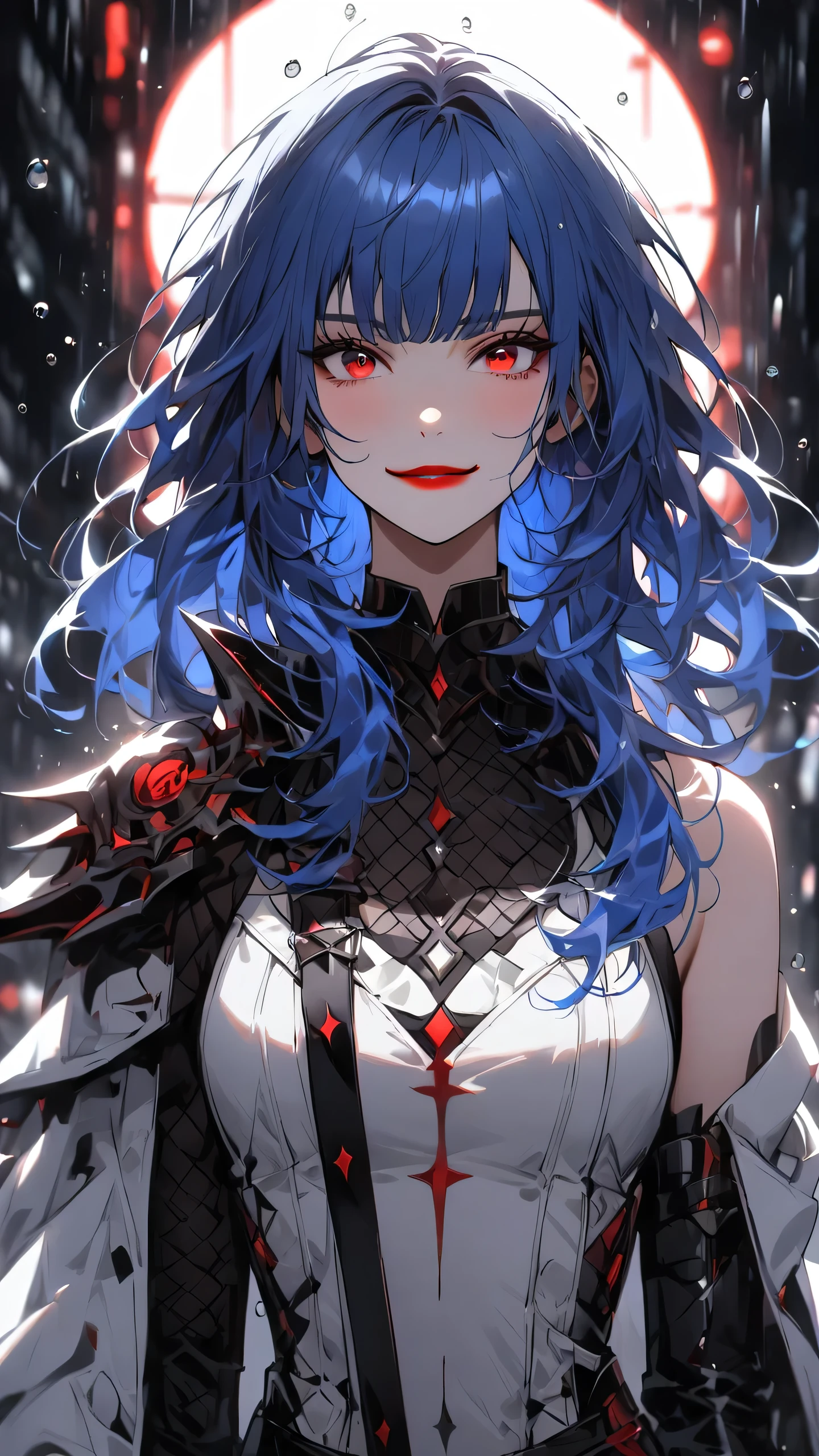 highest quality、masterpiece、1 girl、water droplets background、blue hair:1.5、red eyes、red lips, white clothes、Black and white world、Black and white world、street 、side blade, light smile, straight-on