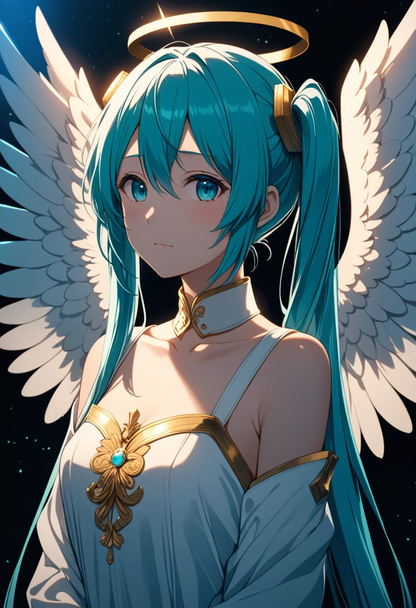 masterpiece, best quality, hatsune miku, white gown, angel, angel wings, golden halo, dark background, upper body, closed mouth, looking at viewer, arms behind back, blue theme, night, highres, 4k, 8k, intricate detail, cinematic lighting, amazing quality, amazing shading, soft lighting, Detailed Illustration, anime style, wallpaper