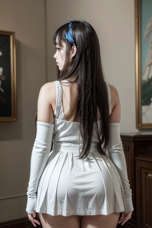 ((best qualityer)), ((work of art)), ((1 girl)), standing alone, Balsa, ((long hair)), BalsaBase, ((thicc thighs)), bared shoulders, ((jewerly)), ((sleeveless)), white gown, blue skirt, ((mitts)), at thigh height, from behind.