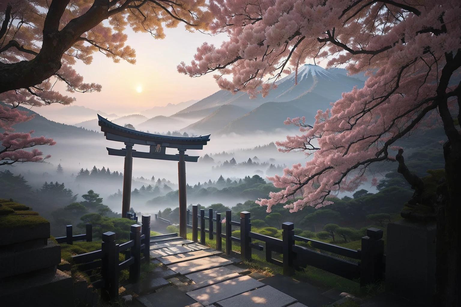 Arafad view with gate and path leading to the mountain, Mount Japan中的鸟居, Torii gate with trees on the mountain, Japanese Landscape, The Flowery Road to Heaven, Japanese Nature, Japanese travel aesthetics, lush Japanese Landscape, Inspired by Torii Kiymoto, Japanese temples, Mount Japan, Japanese Shrines, Centered Torii,((low angle shot 1.7))