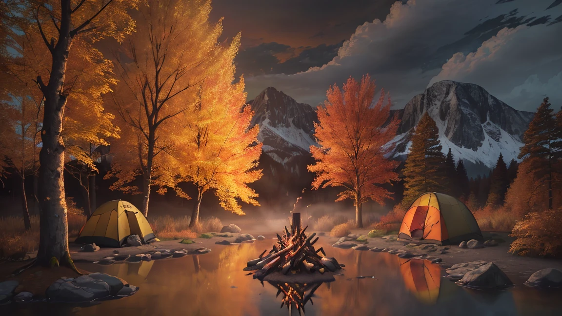 A serene autumn landscape, a cozy campfire, tents nestled among golden trees, a tranquil lake reflecting the vibrant foliage, hikers exploring the scenic trails, warm campfire glow, moody cloudy sky, beautiful fall colors, detailed texture of leaves and bark, realistic lighting and shadows, cinematic composition, breathtaking scenery, (best quality,8k,highres,masterpiece:1.2),ultra-detailed,(realistic,photorealistic,photo-realistic:1.37),landscape,autumn,camping,campfire,tents,trees,lake,hiking,moody,warm lighting,dramatic clouds,vibrant colors,detailed textures