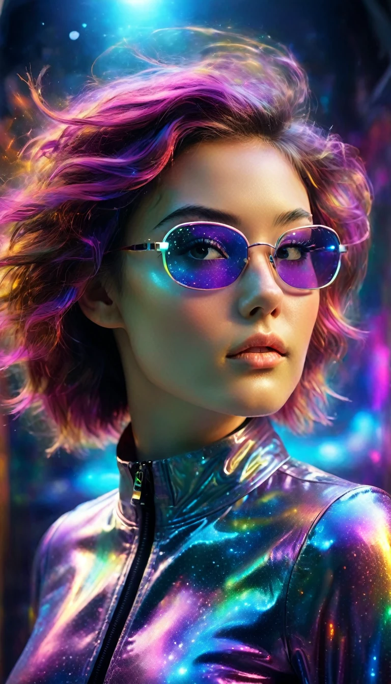An effervescent metaverse explorer emerges from a shimmering portal, surrounded by swirling colors and digital landscapes. The main theme is a young girl wearing futuristic clothing, techno glasses, exuding a sense of wonder and determination. This image is a stunning work of digital art, capturing the essence of technological beauty and adventure. Her vibrant hair falls in rainbow hues, reflecting light from neon signs and holographic displays. High-definition resolution shows every detail, from the intricate patterns on your suit to the reflection of distant galaxies in your eyes. The overall composition exudes a sense of exploration and discovery, inviting viewers to join her on an exciting journey through the digital world.
