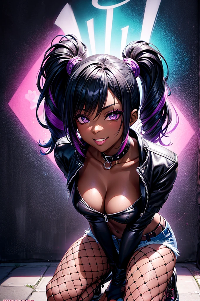 1 girl, anime style, dark skin, black woman, beautiful, 18 years, make-up, passionate look, naughty smile, waifu, close-up picture, zoom, portrait, colorful punk style, punk outfit, stylist, purple leather jacket, fishnet tank top, black jeans shorts, cleavage, fishnet pantyhose, fishnet leggings, leather gloves, sexy pose, kneeling, posing for a picture, posing in a dark alley, colorful graffiti on the walls, colorful walls, soft lighting, nighttime, midnight, ray tracing, award winning, photorealistic, 8k