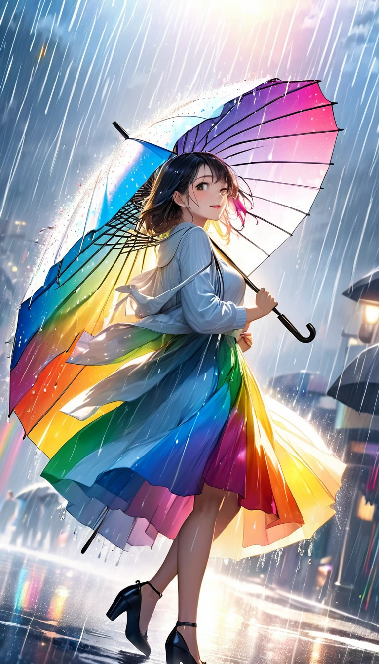 masterpiece, Highest quality, Realistic, Very detailed, In detail, High resolution, 8k wallpaper, One beautiful woman, Flashy and dynamic depiction, Beautiful woman having fun with an umbrella, Like a scene from a movie, Rainbow-colored rain pours down, splash, Sunlight passing through the clouds, Twinkle effect