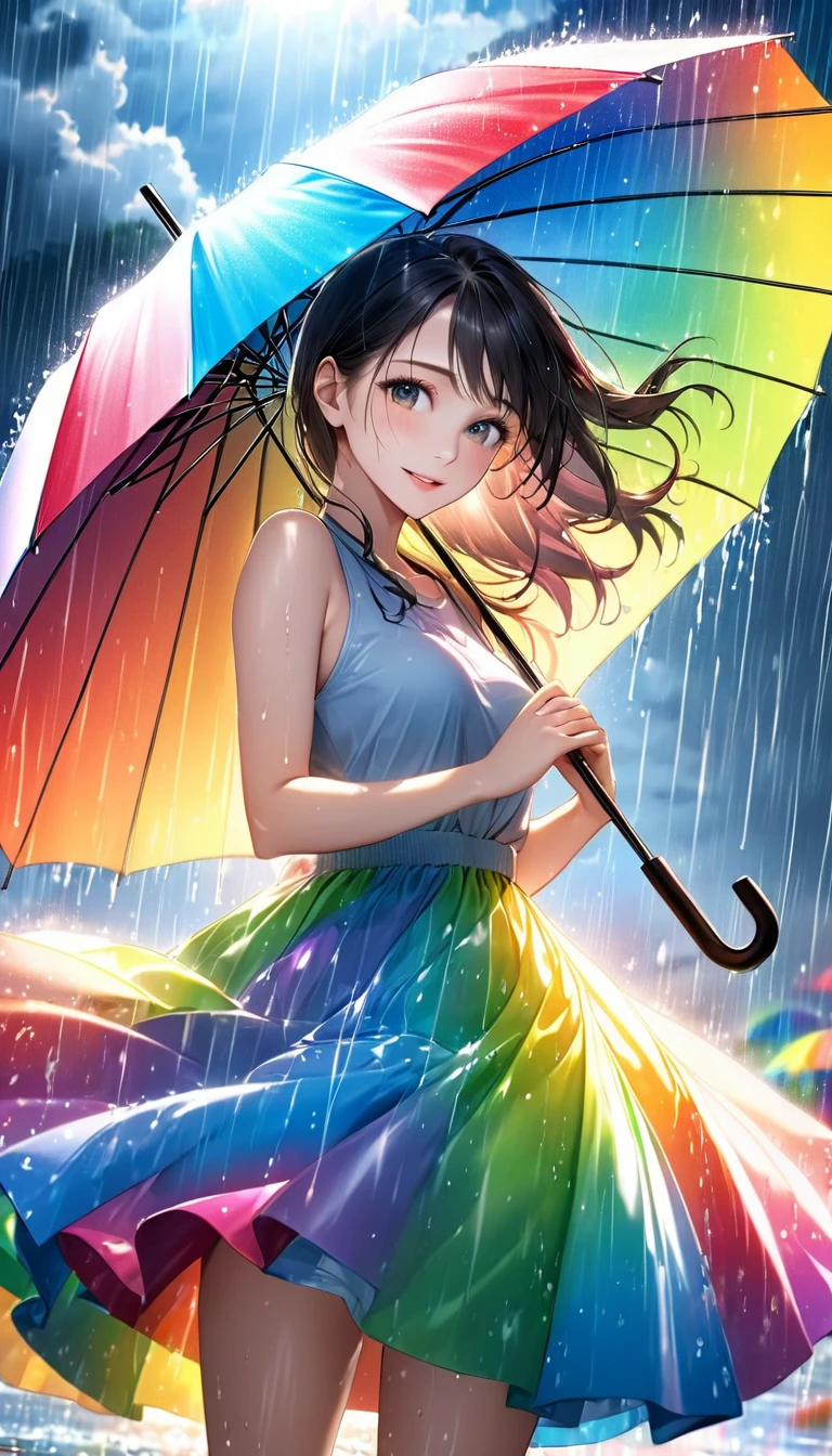 masterpiece, Highest quality, Realistic, Very detailed, In detail, High resolution, 8k wallpaper, One beautiful woman, Flashy and dynamic depiction, Beautiful woman having fun with an umbrella, Like a scene from a movie, Rainbow-colored rain pours down, splash, Sunlight passing through the clouds, Twinkle effect