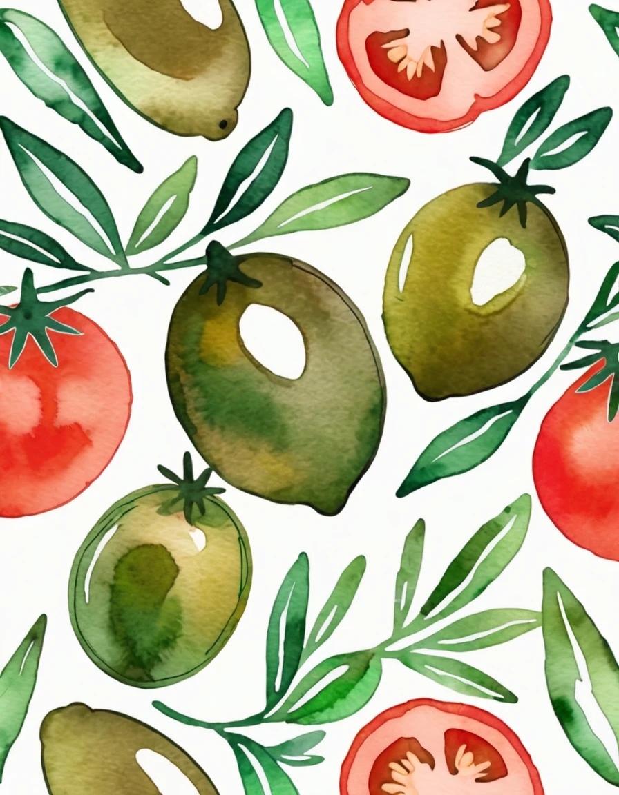 Green outline of an olive, tomato, Boho style watercolor background 