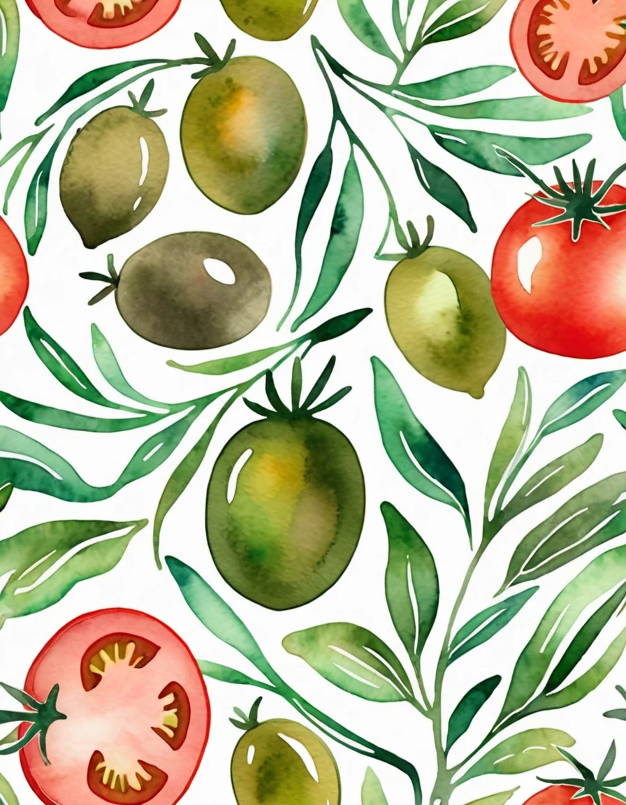 Green outline of an olive, tomato, Boho style watercolor background