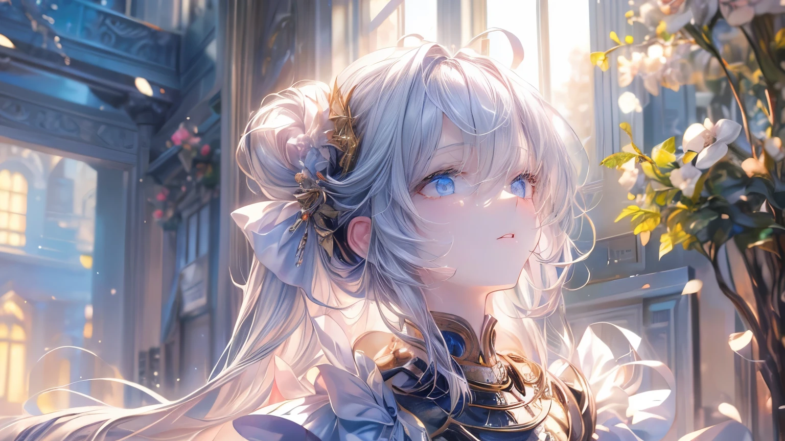 ((Masterpiece)), (Anime:1.3), ((best quality)), (RAW photo: 1.2), (High Definition:1.3), (Professional Photography:1.2), (12 years old), profile, from side, silver hair, gold eyes, Gorgeous white clothes, (looking up:1.5), upper body, Fair skin, soft braids, (faint candlelight), hairs in the air,
