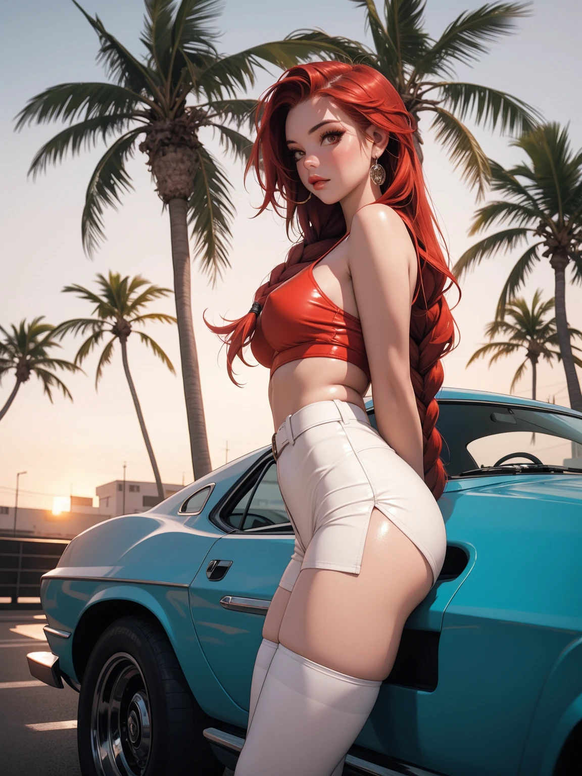 (work of art, best qualityer), absurdists,  retro, miami, sunset, ferrari, palm tree, 90's, Red hair, braids, white thigh highs, that&#39;s why, short jacket, high-waist, waist belt, latex shorts, bloated camel, background red, 