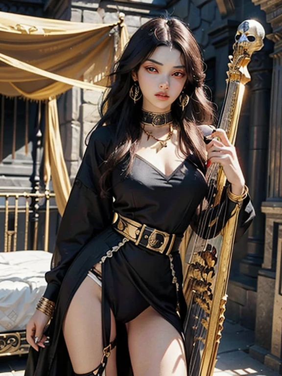 1 girl, solo, details, masterpiece, best quality, photorealistic realism, beautiful girl, long hair, black hair, skull headband, gold earrings, (((red eyes))), beautiful face, skull necklace, perfect body, large breast, open chest, black long dress, skull bracelet, gold earrings, gold belt, (((black panty))), harp instrument, ((( in front of ancient bed))), (((show her panty))), dark sky, dark temple,