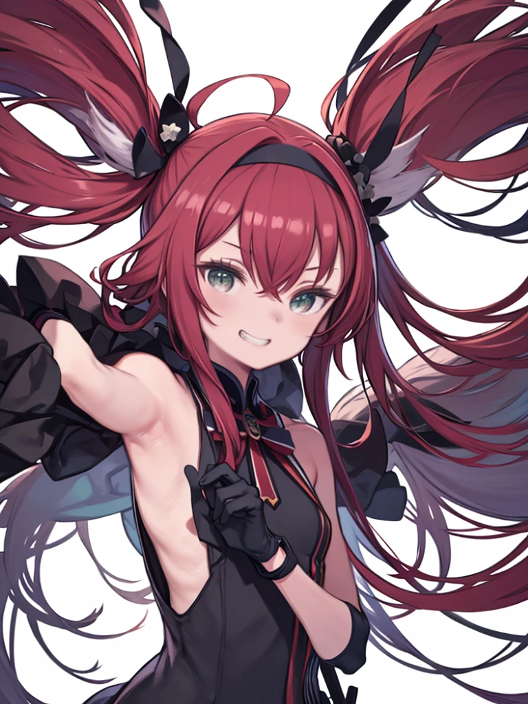 Highest quality, masterpiece, High resolution, 一人in, {Sichuan wind_Kantai Collection:1.15}, length_hair, red_hair, ribbon, hairband, hair_ribbon, 前hair, Ahoge, twin tails, Side Lock, low_twin tails, asymmetrical_前hair, very_length_hair, smile, green_eye, Seraphim, Sleeveless, hair_flap, 1 girl, just_shoulder, black_gloves, gloves, looking for_in_Audience, School_uniform, elbow_gloves, fingerless_gloves, Sleeveless_shirt, white_background, grin and laugh, Simple_background