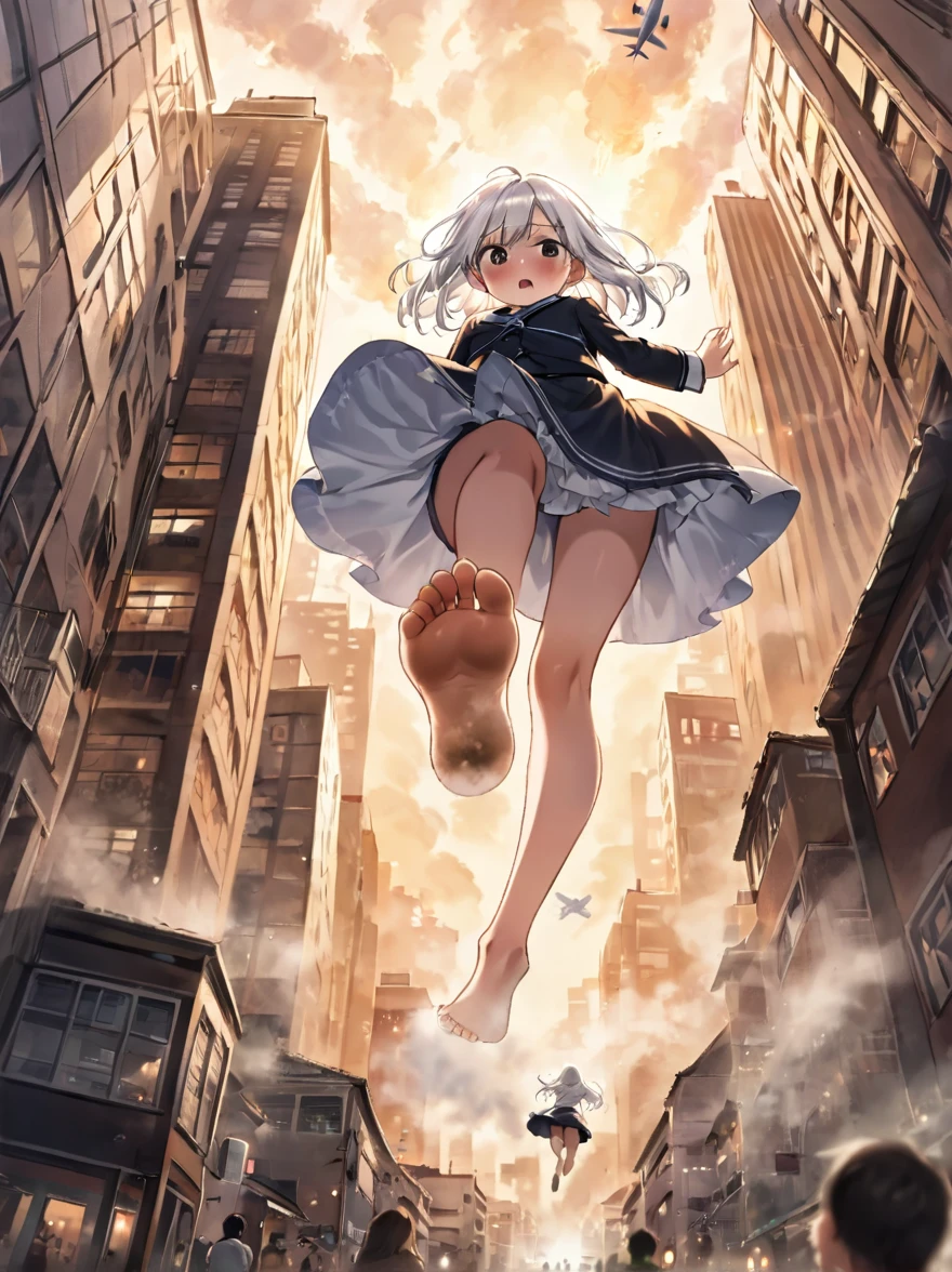 masterpiece, best quality, highest quality, highres, absurdres, extremely detailed, extremely delicate and beautiful,
pov below view of a high school girl stepping on shrinking tiny city with her dirty foot, giantess, jvdaniang, from below, dirty foot sole, steam from foot, steaming foot, steam around foot, city building under foot, barefoot, airplane and aircraft flying under foot, depth of field, bokeh, perspective, foreshortening, foot focus, scared tiny men running away fleeing under foot, looking down, blush, heavy breathing, white hair, black eyes, , ceiling, indoors, bedroom, hand on hip, skirt