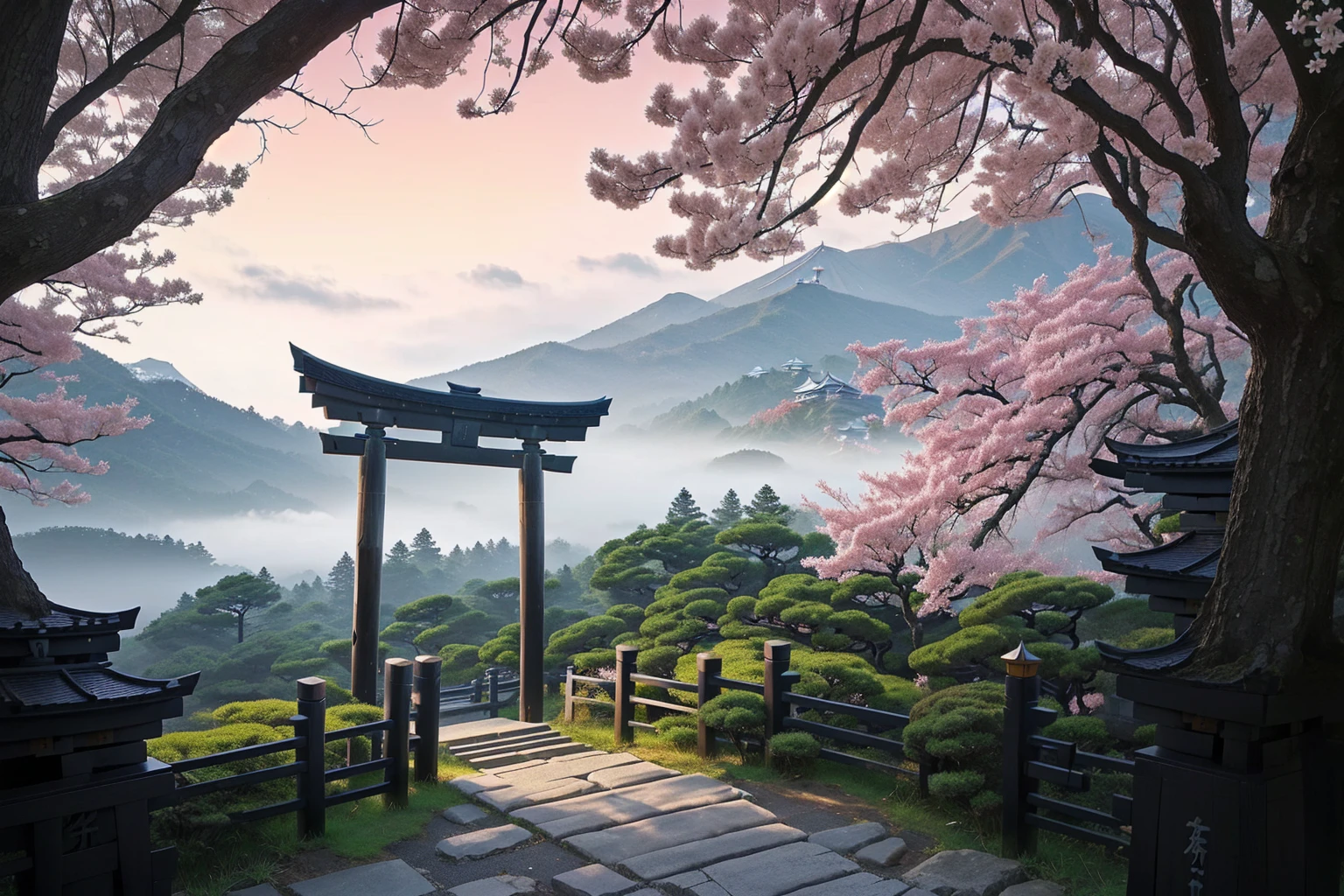 Arafad view with gate and path leading to the mountain, Mount Japan中的鸟居, Torii gate with trees on the mountain, Japanese Landscape, The Flowery Road to Heaven, Japanese Nature, Japanese travel aesthetics, lush Japanese Landscape, Inspired by Torii Kiymoto, Japanese temples, Mount Japan, Japanese Shrines, Centered Torii，((low angle shot 1.7))