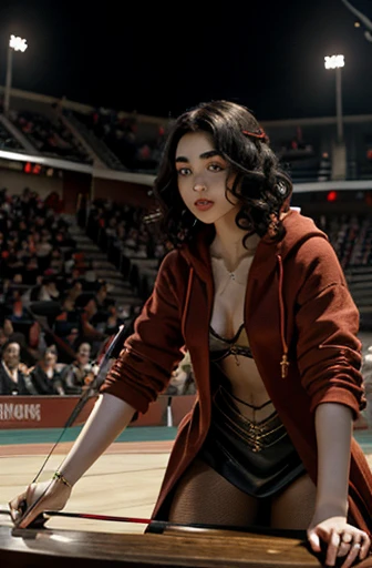 Lily Collins with curly black hair and a red hoodie, Medieval costume, Bow and arrow in hand, The illustrations are detailed, showing the arena filled with spectators and spectators., Smooth and bright, HD Art by Citemer Liu