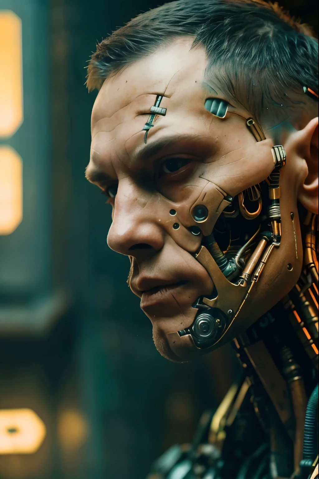 real life photo, RAW, amateur, (intricate angle),
a (semi-cyborg man) Igor FiL 36 yo, looking at viewer, star wars warfare,
earthy naturalism, teal and yellow, interior scenes, cinestill 50d,
cyber,