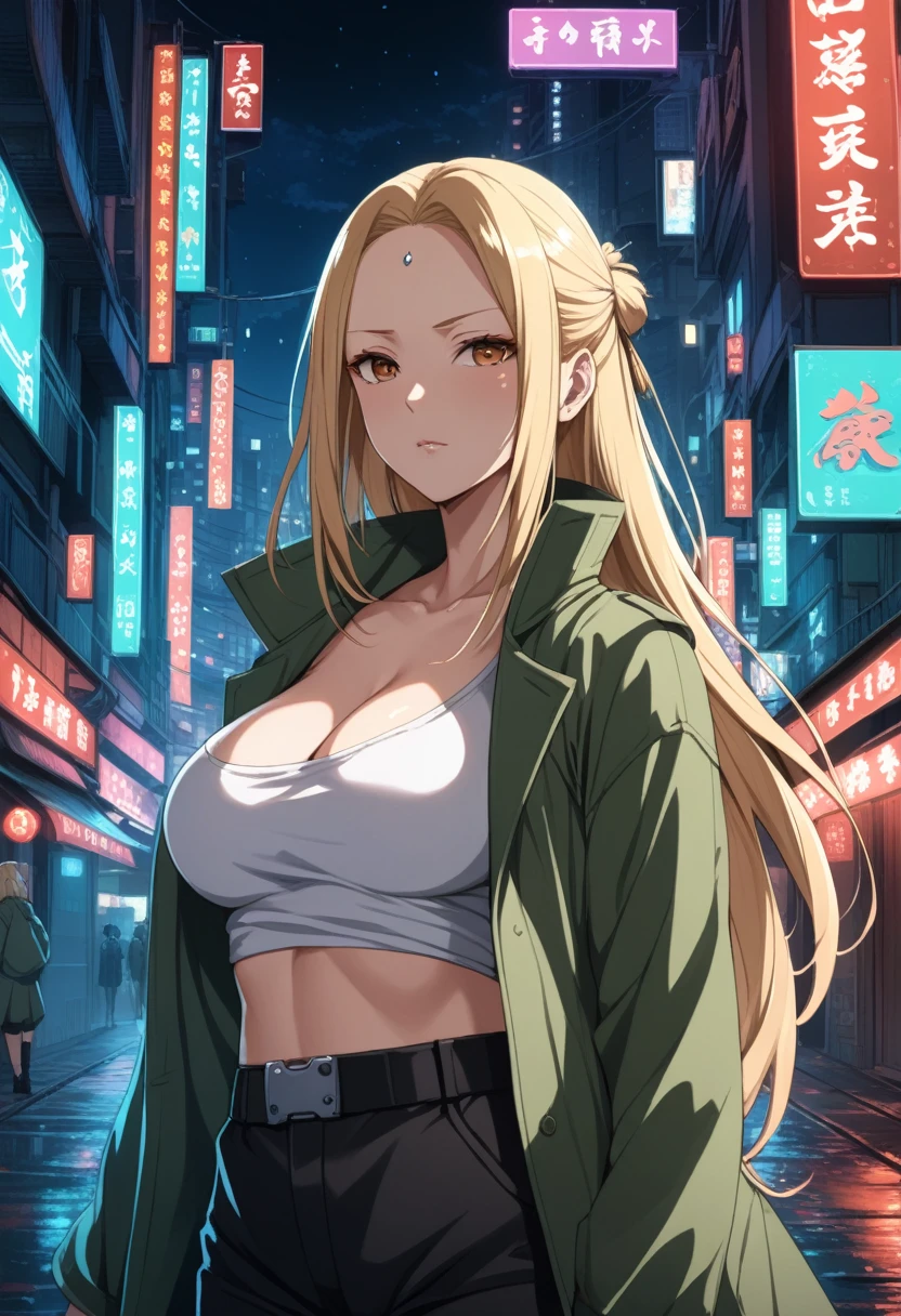 masterpiece, best quality, highres, 4k, 8k, intricate detail, cinematic lighting, amazing quality, amazing shading, soft lighting, Detailed Illustration, anime style, wallpaper,1girl,,tsunade_(naruto), 1girl, blonde_hair, brown_eyes, breasts, large_breasts, long_hair, forehead_jewel, nail_polish, red_nails, ninja, black_pants, coat, green_coat, grey_shirt, shirt,Cyberpunk City, Street, Night, neon light, neon sign,,floating droplets of water