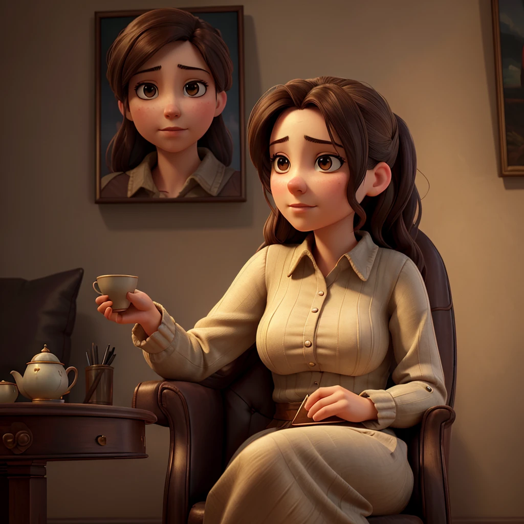 a woman sitting on an armchair, drinking tea, anxious expression, detailed facial features, soft lighting, muted colors, moody atmosphere, oil painting, cinematic composition, intricate details, photorealistic, high resolution, masterpiece