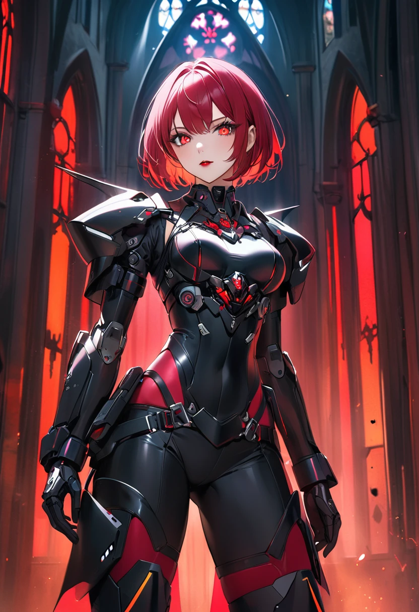 a portrait of mecha female vampire in a dark gothic cyberpunk church, an exotic exquisite beautiful mecha female vampire, dynamic hair color, short hair, dynamic eyes color, intense eyes,  glowing eyes, dynamic eyes color, wearing intricate mech armor, delicate mech armor, delicate blood veins in the armor, wearing thigh high heeled boots, dark gothic cyberpunk church background, vibrant, Ultra-high resolution, High Contrast, (masterpiece:1.5), highest quality, Best aesthetics), best details, best quality, highres, 16k, (ultra detailed: 1.5), masterpiece, best quality, (extremely detailed) RAW, (ultra details, Masterpiece, best quality), 