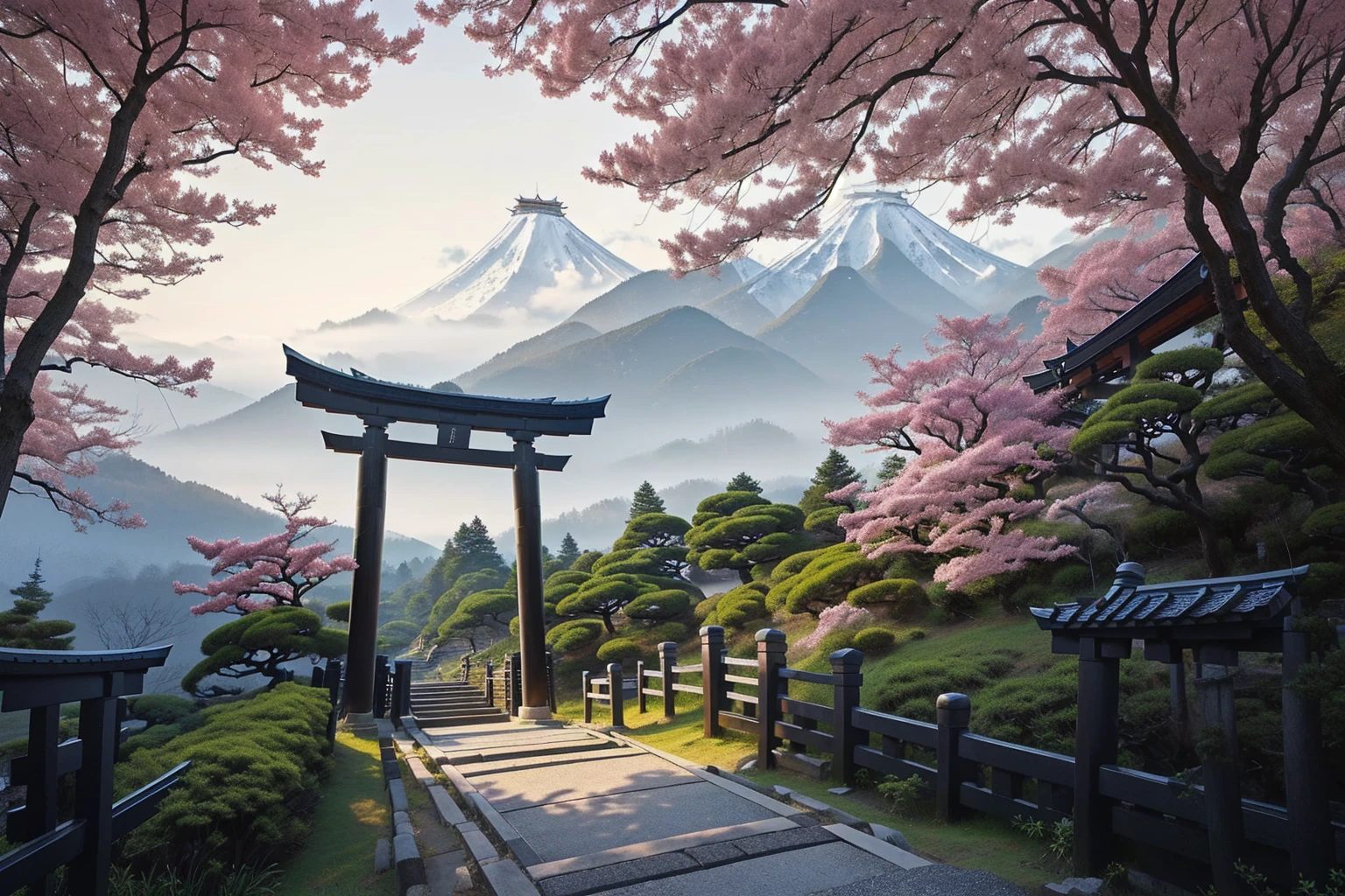 Arafad view with gate and path leading to the mountain, Mount Japan中的鸟居, Torii gate with trees on the mountain, Japanese Landscape, The Flowery Road to Heaven, Japanese Nature, Japanese travel aesthetics, lush Japanese Landscape, Inspired by Torii Kiymoto, Japanese temples, Mount Japan, Japanese Shrines, Centered Torii,((low angle shot 1.7))