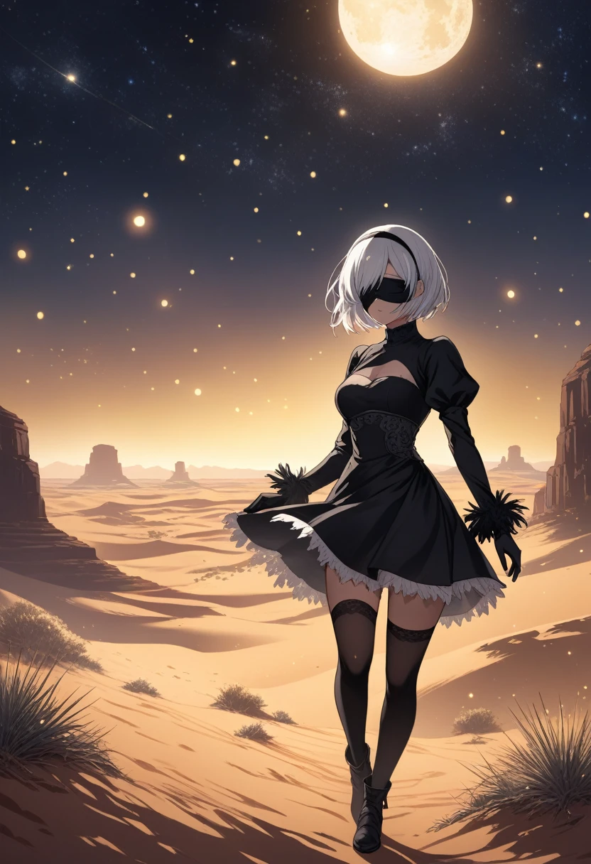 masterpiece, best quality, highres, 4k, 8k, intricate detail, cinematic lighting, amazing quality, amazing shading, soft lighting, Detailed Illustration, anime style, wallpaper,1girl,,2b_(nier:automata), nier:automata, nier_(series), 1girl, short_hair, white_hair, covered_eyes, black_blindfold, black_hairband, hairband, black_dress, dress, feather-trimmed_sleeves, feather_trim, gloves, juliet_sleeves, long_sleeves, puffy_sleeves, thighhighs, thighhighs_under_boots,in desert,glowing stardust frontground,fantasy,sparkling,fireflies