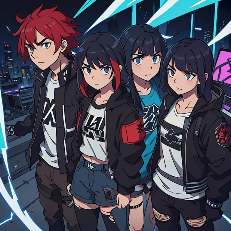 Au centre de la composition, The main character stands with his mech, arborant un style streetwear, while the other two girls have an urban look. Next to the main character, Asuka is present, wearing her streetwear outfit with ripped jeans, un t-shirt noir, une veste en cuir et des baskets. Her red hair falls over her shoulders, And his confident demeanor emanates from his gaze. The Wick, with its redesigned armor and graffiti patterns in black and silver, stands by his side, with blue neon lights illuminating her arms and legs. The result is a striking visual composition, mixing streetwear and urban styles while maintaining a touch of mystery and originality. Le personnage principal de "Kill la Kill" Stands nearby, adding a familiar touch to the whole without naming the anime it belongs to.