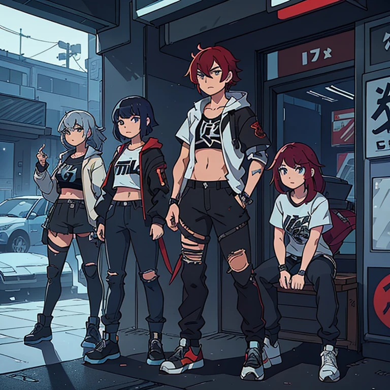 Au centre de la composition, The main character stands with his mech, arborant un style streetwear, while the other two girls have an urban look. Next to the main character, Asuka is present, wearing her streetwear outfit with ripped jeans, un t-shirt noir, une veste en cuir et des baskets. Her red hair falls over her shoulders, And his confident demeanor emanates from his gaze. The Wick, with its redesigned armor and graffiti patterns in black and silver, stands by his side, with blue neon lights illuminating her arms and legs. The result is a striking visual composition, mixing streetwear and urban styles while maintaining a touch of mystery and originality. Le personnage principal de "Kill la Kill" Stands nearby, adding a familiar touch to the whole without naming the anime it belongs to.
